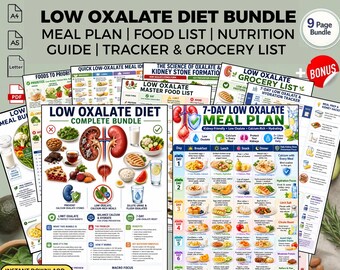 Plan de comidas para una dieta baja en oxalatos. Lista de alimentos. Guía para la salud renal. Descarga en PDF imprimible.