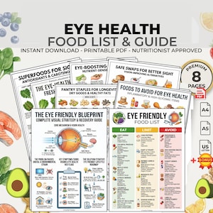 Może przedstawiać: Drukowany przewodnik PDF zatytułowany "Eye Health Food List & Guide" z sekcjami dotyczącymi superfoods, składników odżywczych dla oczu i produktów spożywczych, których należy unikać. Zawiera plan dla zdrowia wzroku i listę produktów spożywczych. Dostępny w formatach A4, A5 i US Letter.