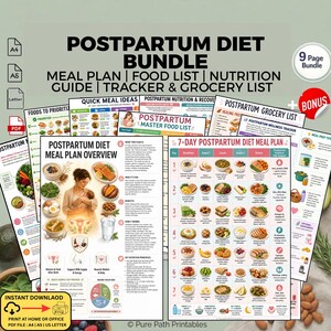 May include: A postpartum diet bundle with meal plans, food lists, and a nutrition guide. The bundle includes a 7-day meal plan, grocery list, and quick meal ideas. The documents are available in PDF format for printing at home or office.