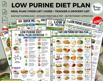 Plan de comidas para una dieta baja en purinas (PDF): Guía nutricional imprimible para el alivio de la gota con lista de la compra.