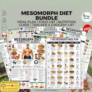 May include: A digital Mesomorph Diet Bundle featuring a 9-page PDF set including a meal plan, food list, nutrition guide, tracker, and grocery list. The documents display text, charts, food images, and a central illustration of a muscular torso.