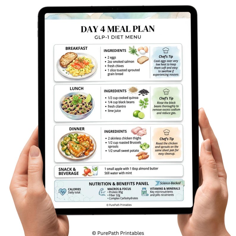 Comprehensive 7-day GLP-1 diet meal plan and weekly grocery list printable PDF featuring high-protein recipes, nutritional macros, and a wellness tracker bonus for weight loss management.