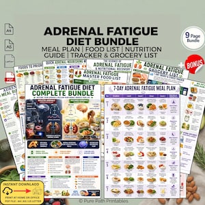 Op de afbeelding: Een digitaal Adrenal Fatigue dieetpakket met een 9-pagina tellende verzameling printbare documenten, waaronder een 7-daags maaltijdplan, voedingslijst, voedingsgids, boodschappenlijst en energietracker met kleurrijke illustraties en tekst.