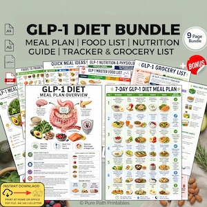 May include: A bundle of printable GLP-1 diet resources, including a meal plan, food list, nutrition guide, tracker, and grocery list. The documents feature colorful layouts with food illustrations and text, designed for home or office printing.