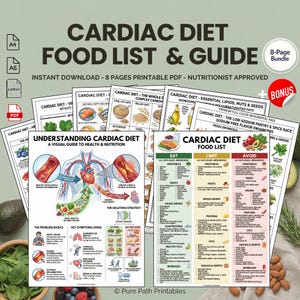 May include: A collection of printable PDF guides on cardiac diet, including food lists and nutritional information. The guides feature colorful infographics and detailed explanations of healthy eating habits. The bundle includes an 8-page guide and a bonus page.