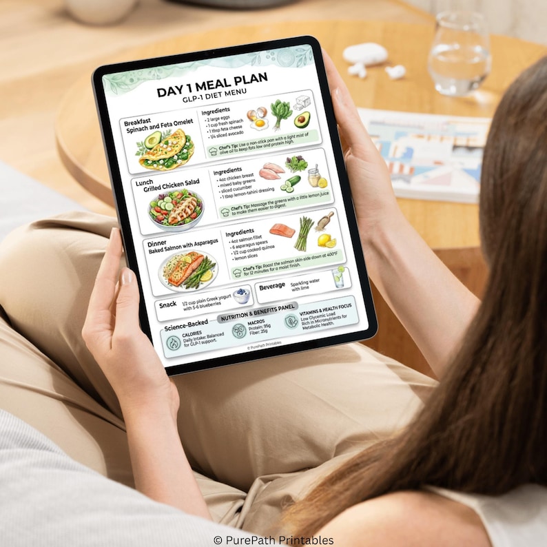 Comprehensive 7-day GLP-1 diet meal plan and weekly grocery list printable PDF featuring high-protein recipes, nutritional macros, and a wellness tracker bonus for weight loss management.