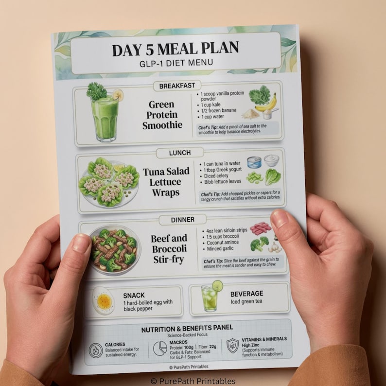 Comprehensive 7-day GLP-1 diet meal plan and weekly grocery list printable PDF featuring high-protein recipes, nutritional macros, and a wellness tracker bonus for weight loss management.