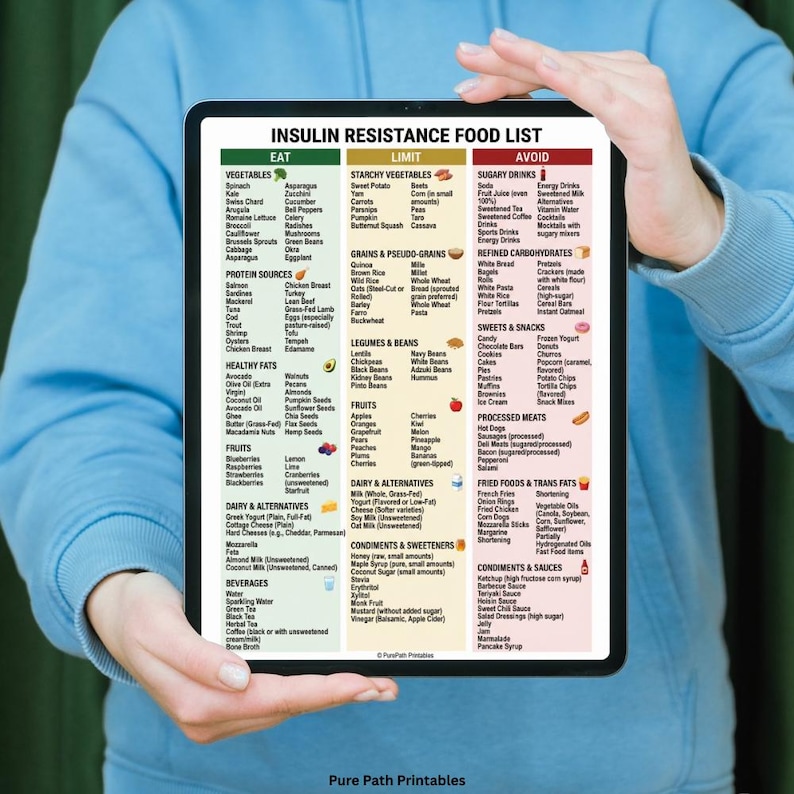 This 8-page bundle features an insulin resistance food list and printable PDF guide for blood sugar management. The high-quality digital download includes a low-glycemic fruit selection chart, healthy protein sources, and a visual guide to nutrition. Designed for PCOS diet support and diabetes wellness, it offers Eat, Limit, and Avoid categories. Available in A4, A5, and US Letter sizes, this bundle also includes a free bonus health resource.