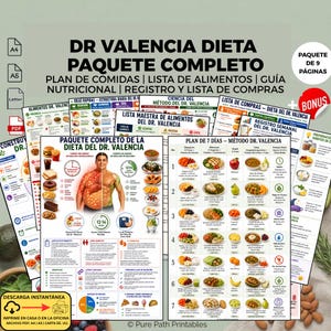 May include: A digital download set titled DR VALENCIA DIETA PAQUETE COMPLETO, featuring 9 pages of nutritional guides, meal plans, shopping lists, and food charts. The documents include text in Spanish, illustrations of food, and a human body diagram.