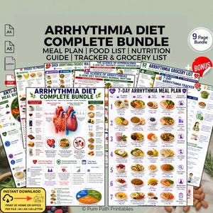 Arrhythmia Diet Meal Plan Bundle Printable PDF | Heart Healthy Food List & Grocery Checklist | Cardiac Rhythm Nutrition Guide