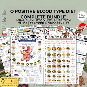 May include: A digital O Positive Blood Type Diet complete bundle including a 9-page PDF with a meal plan, food list, nutrition guide, tracker, and grocery list. The documents feature charts, illustrations of food, and anatomical diagrams of the digestive system.