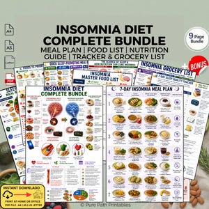 Puede incluir: Un paquete completo digital de dieta para el insomnio que incluye un plan de comidas de 7 días, lista de alimentos, guía nutricional, rastreador y lista de compras. Los documentos incluyen ilustraciones coloridas de alimentos y gráficos.
