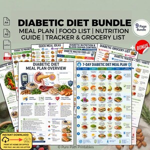 May include: A bundle of printable diabetic diet guides. The bundle includes a meal plan, food list, nutrition guide, tracker, and grocery list. The pages feature colorful illustrations of food and charts. The text includes "Diabetic Diet Bundle" and "Instant Download".