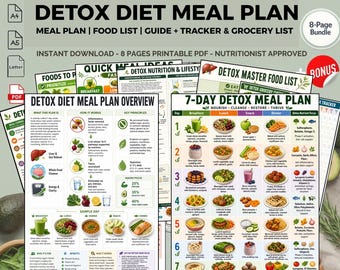 May include: A collection of printable PDF documents titled "Detox Diet Meal Plan." The documents include meal plans, food lists, guides, and trackers. The pages feature colorful graphics and text, with a focus on healthy eating and nutrition. The bundle includes an 8-page printable PDF.