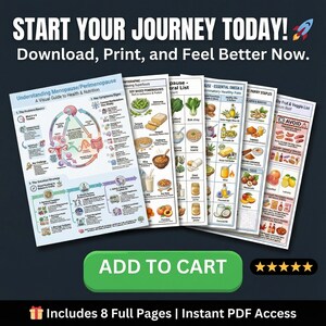 Puede incluir: Un conjunto de ocho p&aacute;ginas PDF educativas sobre salud y nutrici&oacute;n, que incluyen temas como la menopausia, los superalimentos y las grasas esenciales. Las p&aacute;ginas presentan diagramas e ilustraciones coloridas, con el texto "START YOUR JOURNEY TODAY!" y "ADD TO CART".