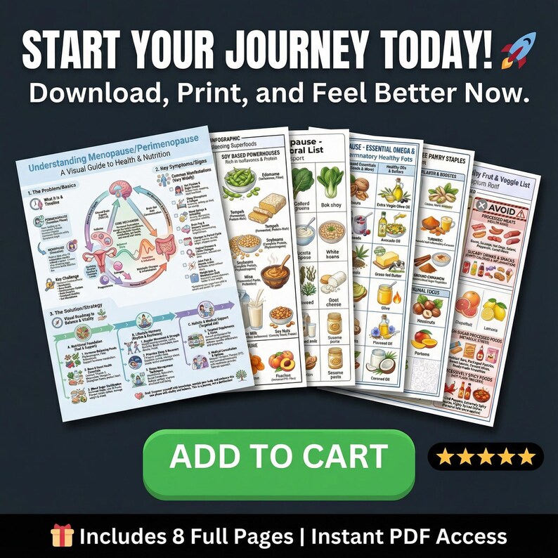Puede incluir: Un conjunto de ocho p&aacute;ginas PDF educativas sobre salud y nutrici&oacute;n, que incluyen temas como la menopausia, los superalimentos y las grasas esenciales. Las p&aacute;ginas presentan diagramas e ilustraciones coloridas, con el texto "START YOUR JOURNEY TODAY!" y "ADD TO CART".