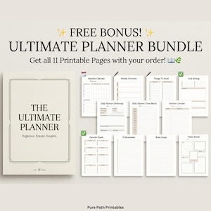 May include: An Ultimate Planner Bundle with 11 printable pages. The cover reads "The Ultimate Planner" with the text "Organize. Create. Inspire." and the year "2024". Includes a monthly calendar, weekly overview, and goal setting pages.