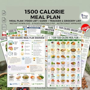 Può includere: Una raccolta di guide stampabili per piani alimentari da 1500 calorie. I documenti includono un piano alimentare, una lista di alimenti, una guida, un tracker e una lista della spesa. Le pagine presentano grafica e testo colorati, tra cui un piano alimentare di 7 giorni.