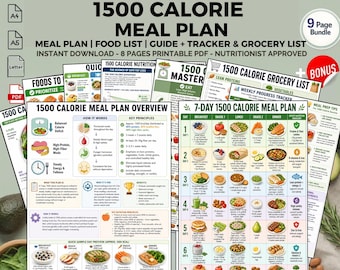 1500 Calorie Meal Plan PDF Printable High Protein & Fiber | Weight Loss Diet Guide