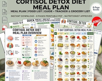 Plan de comidas imprimible para la dieta de desintoxicación de cortisol, equilibrio hormonal para reducir el estrés y pérdida de peso (PDF)