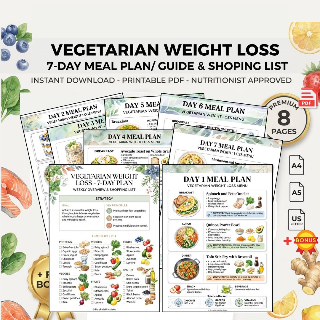 Vegetarian Weight Loss 7-day Meal Plan Printable PDF, Weekly Menu and ...