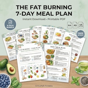 May include: A collection of printable meal plan sheets titled "The Fat Burning 7-Day Meal Plan." The sheets include daily meal breakdowns, grocery lists, and nutritional information. Fresh produce, including avocados and blueberries, is arranged around the meal plan sheets.