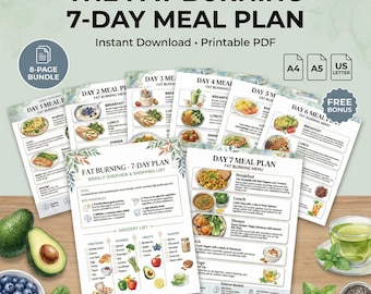 Fettverbrennung Essensplan PDF | 7 Tage Abnehmen Ernährungsführer | Druckbare Diät-Rezepte