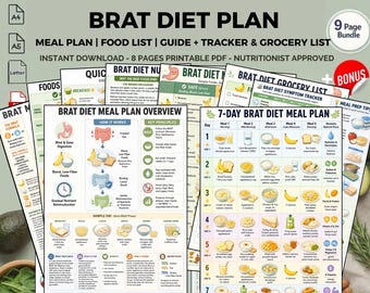 Plan de comidas imprimible de la dieta BRAT: Recuperación gastrointestinal, fácil digestión, guía de alimentos suaves en PDF