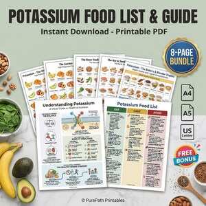 Op de afbeelding: Een verzameling afdrukbare PDF-gidsen over kaliumrijke voedingsmiddelen, inclusief een voedingslijst en voedingsinformatie. De gidsen bevatten kleurrijke illustraties van fruit, groenten en andere voedingsmiddelen. Bevat een bundel van 8 pagina's en een gratis bonus.