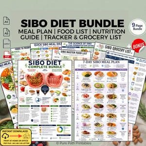 May include: A SIBO Diet Bundle digital document set featuring a 9-page collection including a meal plan, food list, nutrition guide, tracker, and grocery list. The pages display text, charts, and food illustrations for managing SIBO.