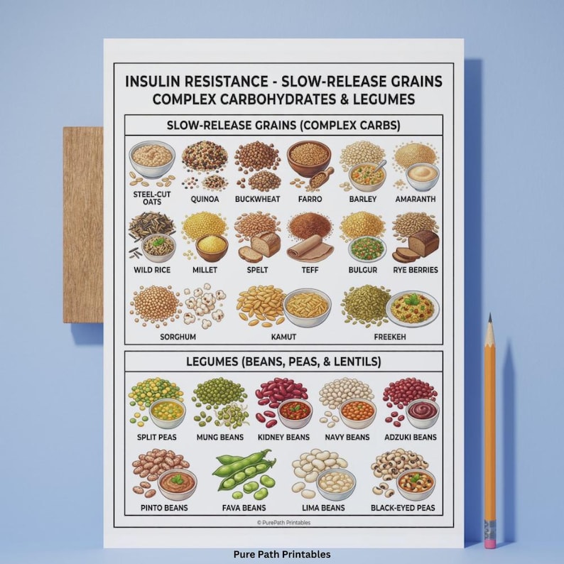 This 8-page bundle features an insulin resistance food list and printable PDF guide for blood sugar management. The high-quality digital download includes a low-glycemic fruit selection chart, healthy protein sources, and a visual guide to nutrition. Designed for PCOS diet support and diabetes wellness, it offers Eat, Limit, and Avoid categories. Available in A4, A5, and US Letter sizes, this bundle also includes a free bonus health resource.