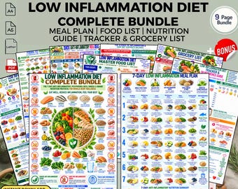 Low Inflammation Diet, 7-Day Meal Plan, Food List, Grocery Checklist, Tracker & Guide (printable PDF)