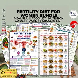 May include: A digital fertility diet bundle featuring multiple printable pages including a 7-day meal plan, food list, nutrition guide, tracker, and grocery list. The documents contain text, charts, and illustrations of various healthy food items.