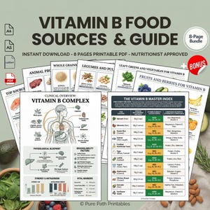 May include: A set of printable PDF guides on Vitamin B food sources. The guides feature charts and infographics detailing Vitamin B complex, food sources, and nutritional information. The bundle includes an 8-page guide with a bonus. The text includes "Vitamin B Food Sources & Guide".