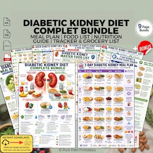 May include: A digital bundle of printable documents titled Diabetic Kidney Diet Complete Bundle, featuring meal plans, food lists, nutrition guides, trackers, and grocery lists. The pages include colorful illustrations of food, kidney diagrams, and charts.