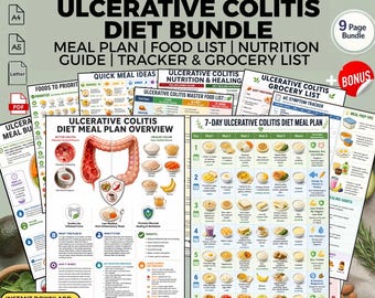 May include: A bundle of printable documents for an ulcerative colitis diet, including a meal plan, food list, nutrition guide, tracker, and grocery list. The documents feature colorful graphics and text, with a focus on meal planning and symptom tracking. The bundle includes a bonus.