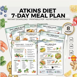 May include: A printable Atkins Diet 7-Day Meal Plan. The digital download includes a weekly overview, shopping list, and daily meal plans. The plan features recipes for breakfast, lunch, dinner, and snacks. Includes a bonus and is available in A4, A5, and US Letter sizes.