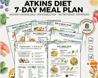 Plan de comidas de la dieta Atkins de 7 días / Menú semanal bajo en carbohidratos / Lista de compras para la fase de inducción