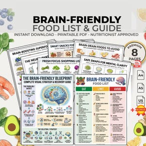 Lista de alimentos beneficiosos para el cerebro (imprimible) / Guía de dieta para mejorar la memoria: Tabla de compras en PDF