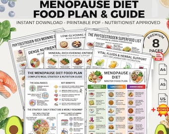 Puede incluir: Una guía en PDF imprimible titulada "Menopause Diet Food Plan & Guide". La guía incluye estrategias de comidas, información nutricional y un plan de alimentación maestro. Presenta planes de comidas detallados y beneficios clave.
