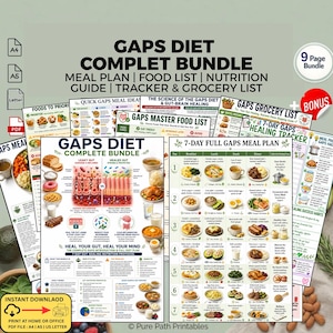 May include: A 9-page GAPS Diet complete bundle digital download featuring a meal plan, food list, nutrition guide, tracker, and grocery list. The documents include detailed charts, diagrams of gut health, and daily meal schedules with food images.