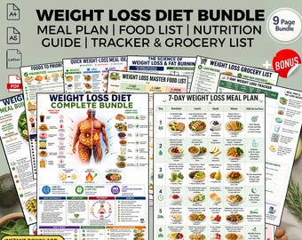 Paquete de plan de comidas para bajar de peso, lista de alimentos, guía de alimentación saludable, descarga en PDF imprimible