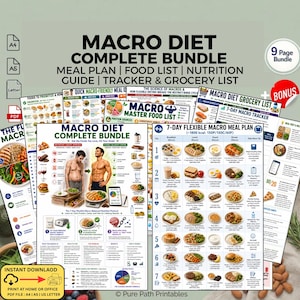 May include: A digital macro diet complete bundle featuring a 7-day flexible meal plan, food lists, nutrition guide, tracker, and grocery list. The documents include charts, food photography, and text detailing macro-friendly meal ideas and nutrition.