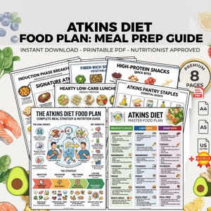 May include: A collection of printable Atkins Diet food plan guides. The guides include meal prep ideas, recipes, and nutritional information. The documents are available in PDF format and include a bonus. The text on the documents includes "Atkins Diet", "Meal Prep Guide", and "Instant Download".