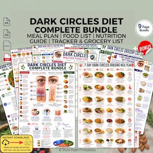 May include: A digital bundle of printable documents titled Dark Circles Diet Complete Bundle, featuring meal plans, food lists, nutrition guides, and trackers. The pages include colorful illustrations of food, anatomical diagrams of eyes, and text.