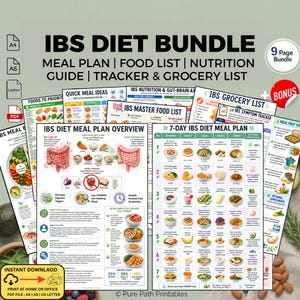 Puede incluir: Un paquete de guías imprimibles de dieta para el SII. El paquete incluye un plan de comidas, una lista de alimentos, una guía de nutrición, un rastreador y una lista de compras. Los documentos presentan gráficos y texto coloridos.