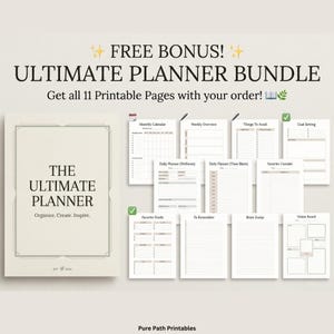 K&ouml;nnte beinhalten: Ein Ultimate Planner Bundle mit 11 bedruckbaren Seiten. Das Cover zeigt "The Ultimate Planner" mit dem Text "Organize. Create. Inspire." und dem Jahr "2024". Die Seiten umfassen einen Monatskalender, Wochen&uuml;bersicht und Zielsetzung.