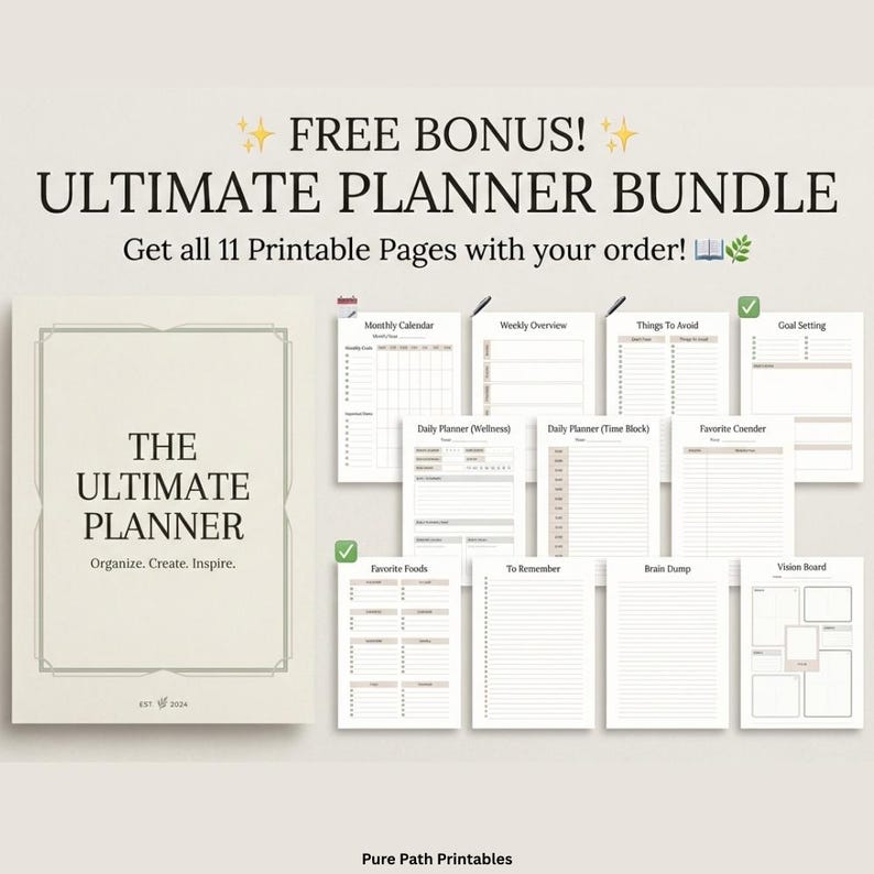 K&ouml;nnte beinhalten: Ein Ultimate Planner Bundle mit 11 bedruckbaren Seiten. Das Cover zeigt "The Ultimate Planner" mit dem Text "Organize. Create. Inspire." und dem Jahr "2024". Die Seiten umfassen einen Monatskalender, Wochen&uuml;bersicht und Zielsetzung.