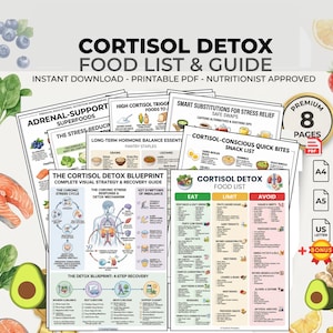 Puede incluir: Una descarga digital titulada "Cortisol Detox Food List & Guide". La imagen presenta varias páginas con listas de alimentos para comer, limitar y evitar, junto con infografías sobre la reducción del estrés y el equilibrio hormonal. Incluye una bonificación.