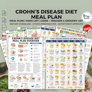Op de afbeelding: Een verzameling afdrukbare PDF-documenten getiteld "Crohn's Disease Diet Meal Plan". De documenten bevatten maaltijdplannen, voedsel lijsten, gidsen, trackers en boodschappenlijstjes. De pagina's bevatten kleurrijke afbeeldingen en tekst.
